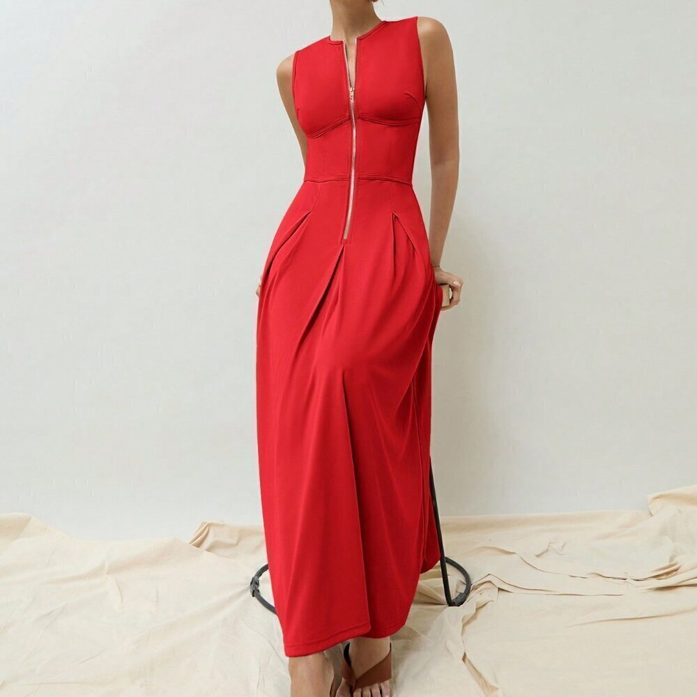 Red Elegant Women's Casual Sleeveless Gold Zipper Waist Gathered Long Dress